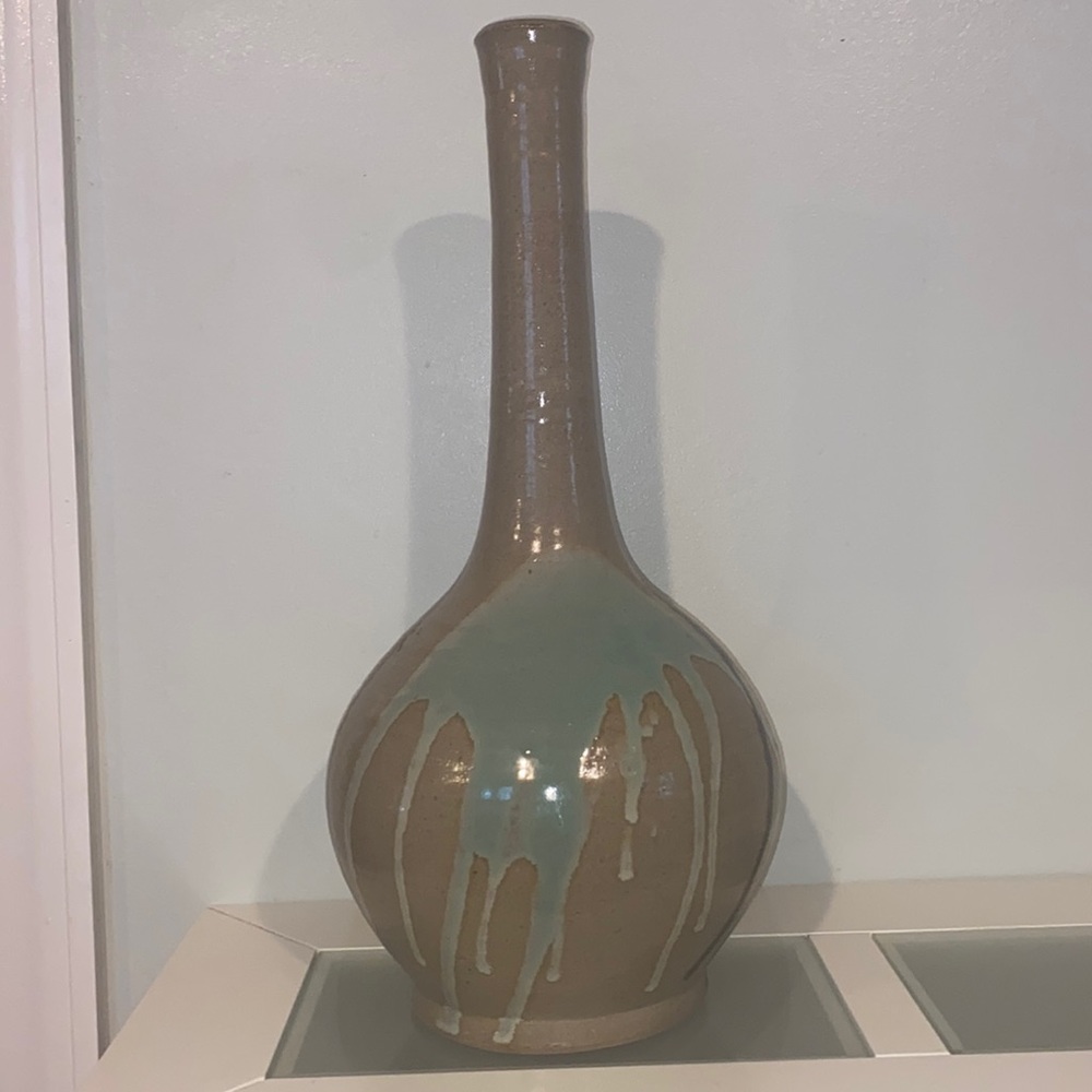 Ceramic Glazed Clay Bottleneck Brown/Teal/ Dark Brown Drip Paint DesignVase/Pot
